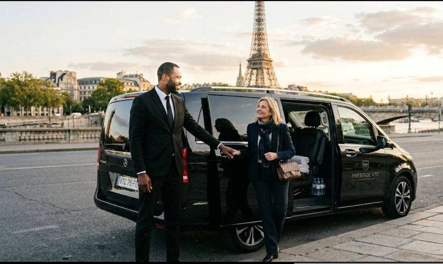 Van VIP RDRIVER 7 places avec chauffeur devant la Tour Eiffel