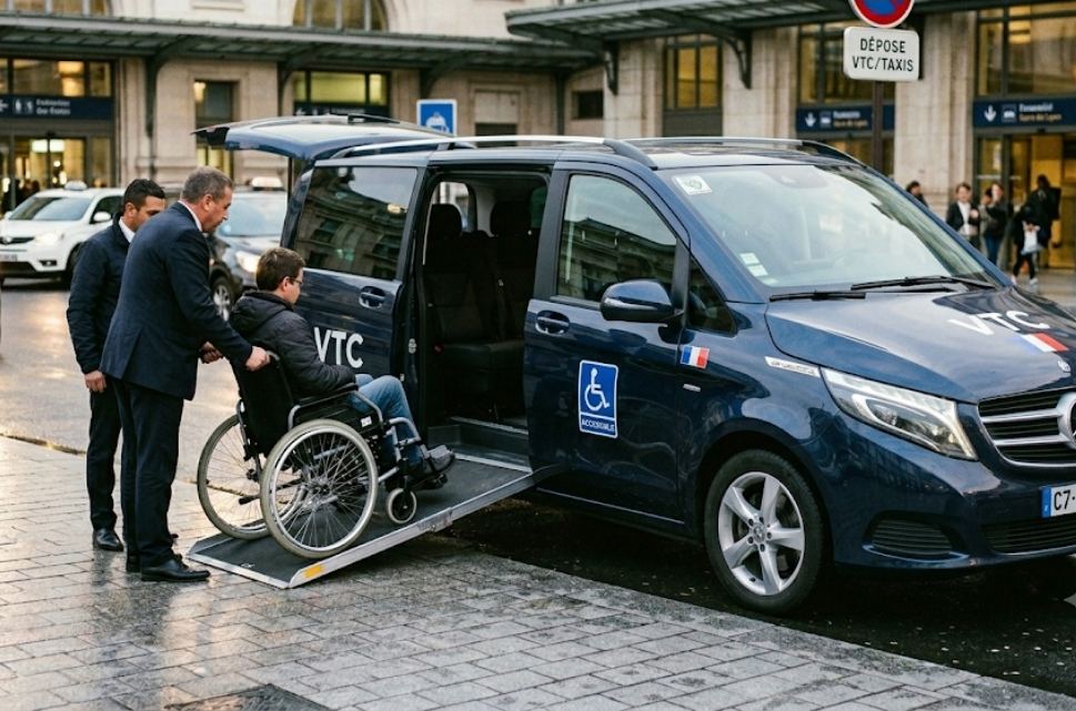 Van VTC accessible PMR TPMR à Paris avec rampe d'accès pour fauteuil roulant